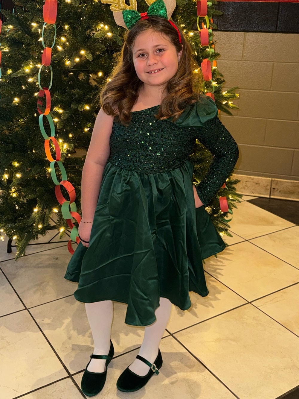 Girls Green One Shoulder Bow Sparkle Dress, Sz 10/12